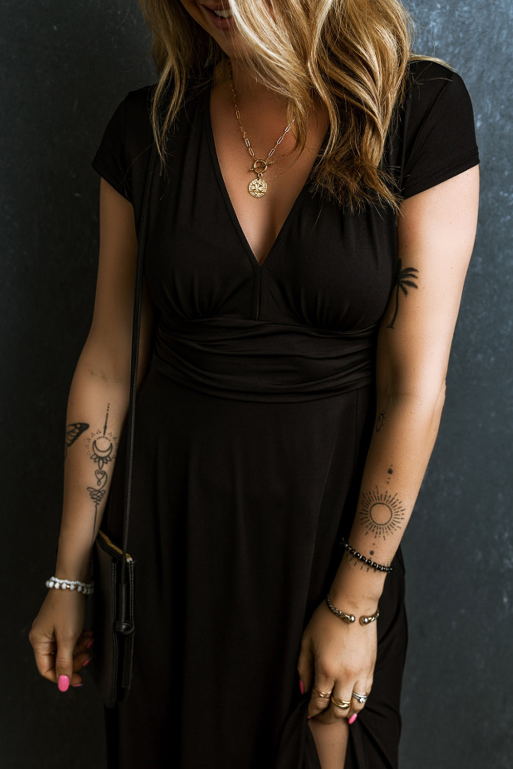 Black Short Sleeve Shirred High Waist V Neck Maxi Dress - Premium Dresses/Maxi Dresses from Momma Done Gone Crafty- Just $26.55! Shop now at Momma Done Gone Crafty
