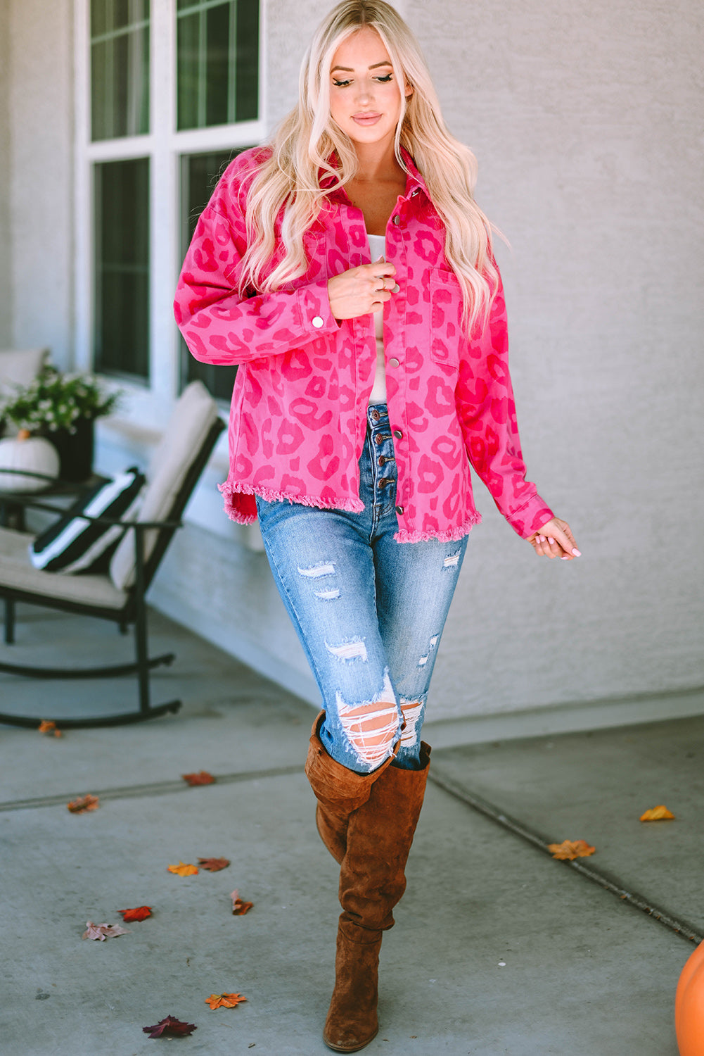 Pink Leopard Print Button Cuffs Raw Hem Jacket - Premium Outerwear from Momma Done Gone Crafty- Just $55.80! Shop now at Momma Done Gone Crafty