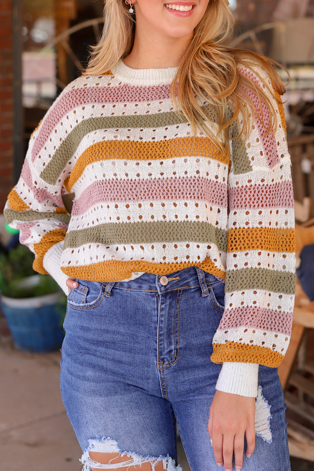 Multicolor Striped Hollowed Knitted Loose Sweater - Premium Tops from Momma Done Gone Crafty- Just $35.40! Shop now at Momma Done Gone Crafty