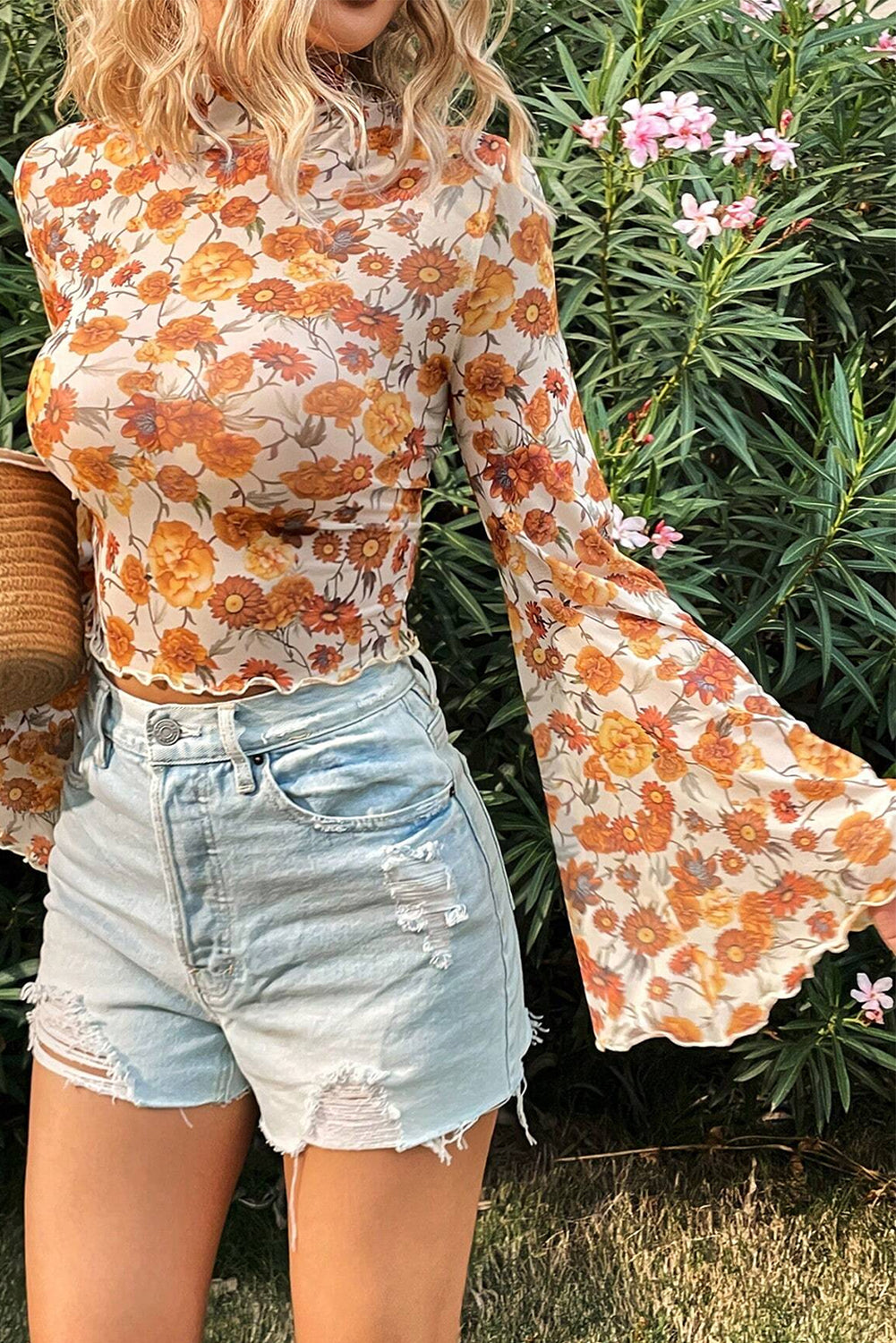Orange Floral Printed Bell Sleeve Mock Neck Scallop Trim Blouse - Premium Tops/Blouses & Shirts from Ashes 2 Wildflowers Boutique, LLC- Just $24.80! Shop now at Ashes 2 Wildflowers Boutique, LLC