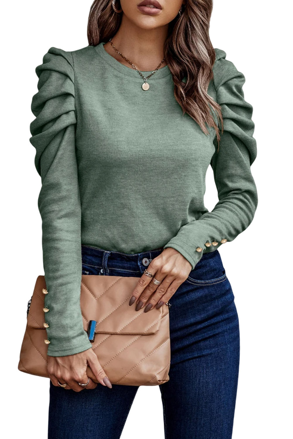Green Buttoned Puff Long Sleeve Sheath Top - Premium Tops from Momma Done Gone Crafty- Just $44.10! Shop now at Momma Done Gone Crafty