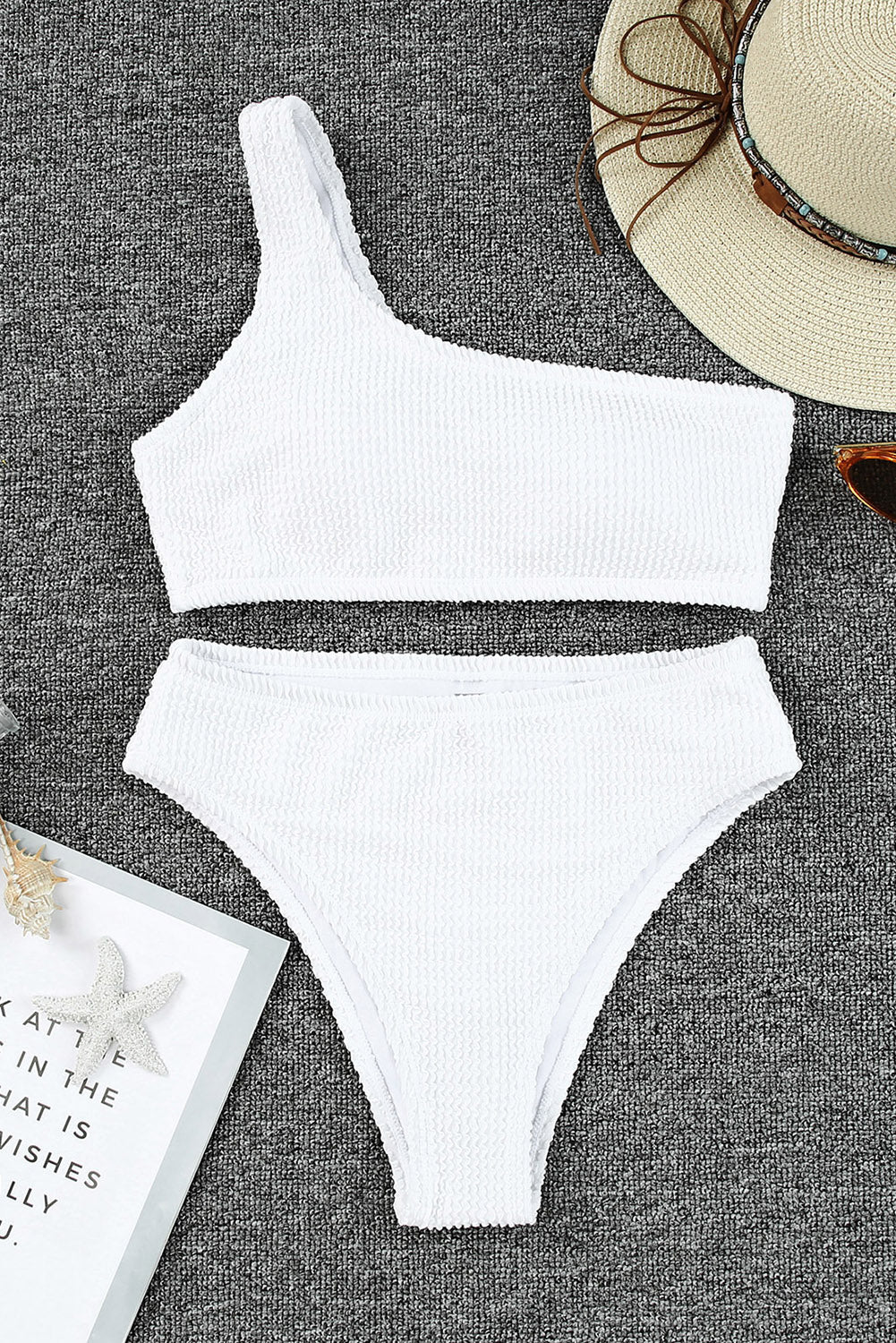 White Crinkle Textured Asymmetric One Shoulder Bikini Swimsuit - Premium Swimwear from Momma Done Gone Crafty- Just $28.00! Shop now at Momma Done Gone Crafty