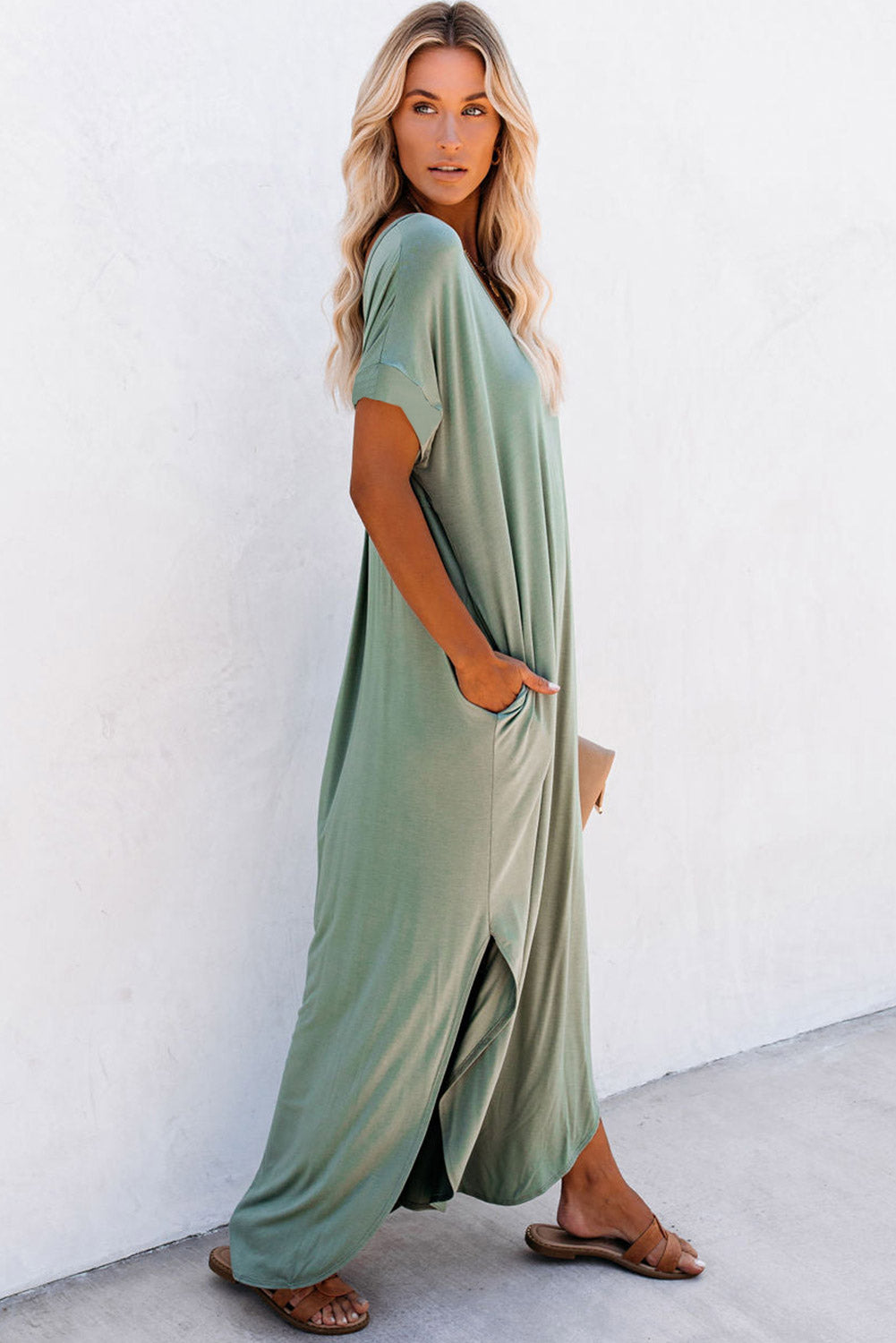 Grass Green V Neck Hidden Pocket Splits Maxi T-shirt Dress - Premium Dresses/T Shirt Dresses from Ashes 2 Wildflowers Boutique, LLC- Just $20.31! Shop now at Ashes 2 Wildflowers Boutique, LLC