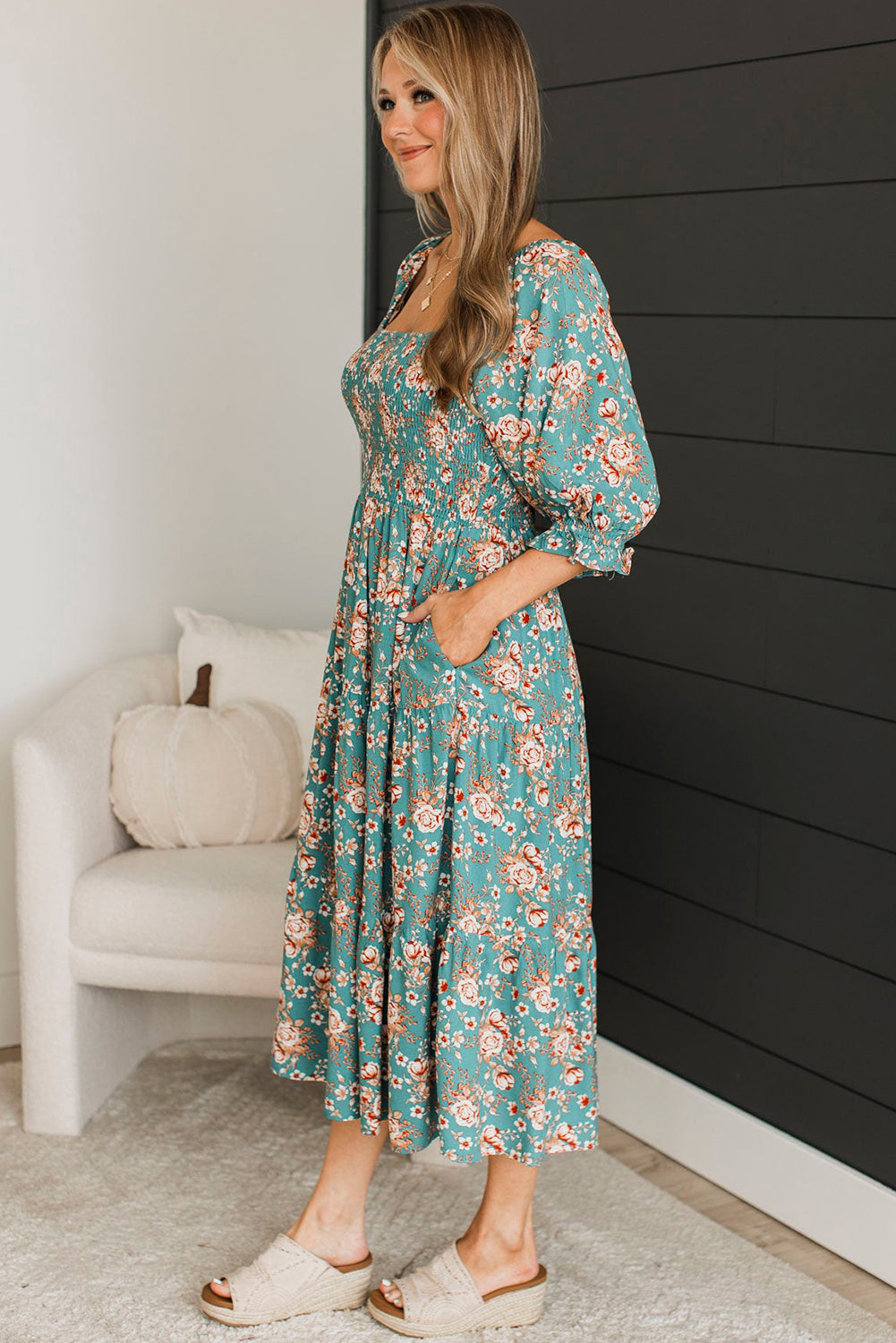 Green Plus Size Floral Print Square Neck Smocked Maxi Dress - Premium Plus Size/Plus Size Dresses/Plus Size Maxi Dresses from Momma Done Gone Crafty- Just $49.95! Shop now at Momma Done Gone Crafty