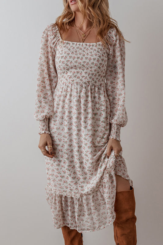 White Floral Print Shirred Ruffled Hem Square Neck Midi Dress - Premium Dresses/Floral Dresses from Ashes 2 Wildflowers Boutique, LLC- Just $38.53! Shop now at Ashes 2 Wildflowers Boutique, LLC
