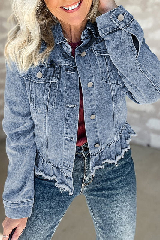 Beau Blue Ruffle Raw Hem Flap Pockets Denim Jacket - Premium Outerwear/Denim jackets from Ashes 2 Wildflowers Boutique, LLC- Just $41.38! Shop now at Ashes 2 Wildflowers Boutique, LLC