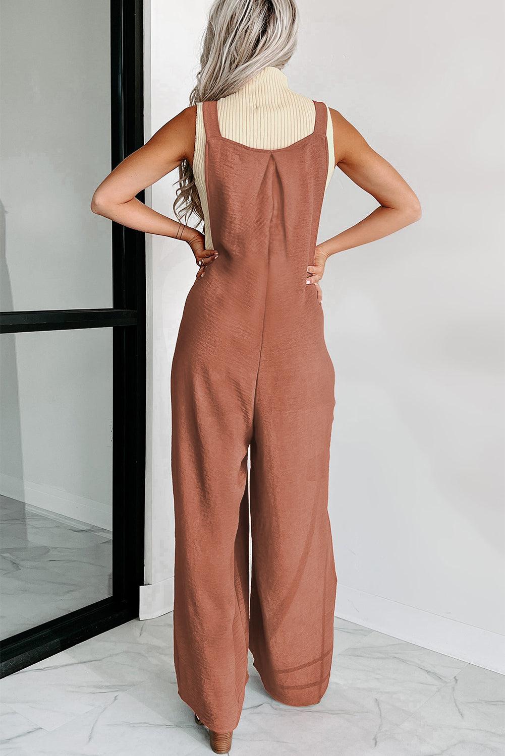 Gold Flame Textured Buttoned Straps Ruched Wide Leg Jumpsuit - Premium Bottoms/Jumpsuits & Rompers from Ashes 2 Wildflowers Boutique, LLC- Just $26.56! Shop now at Ashes 2 Wildflowers Boutique, LLC