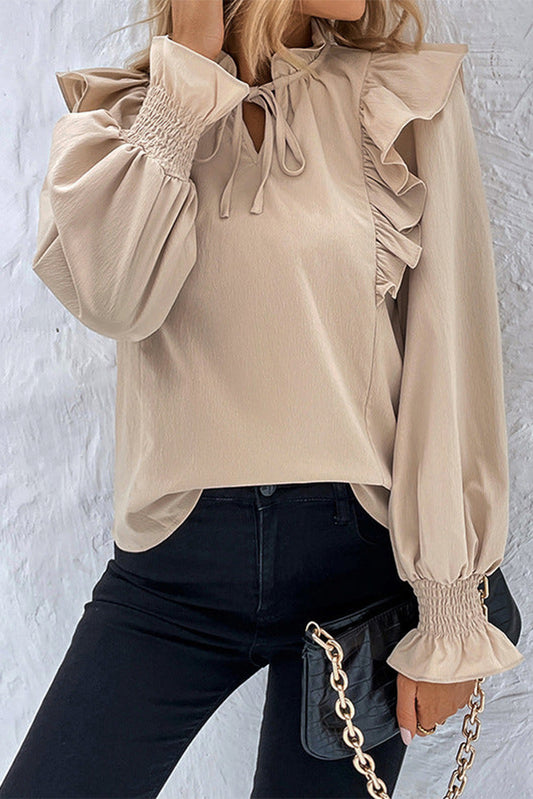 Khaki Ruffled Lace up Bubble Sleeve Blouse - Premium Tops from Momma Done Gone Crafty- Just $45.18! Shop now at Momma Done Gone Crafty