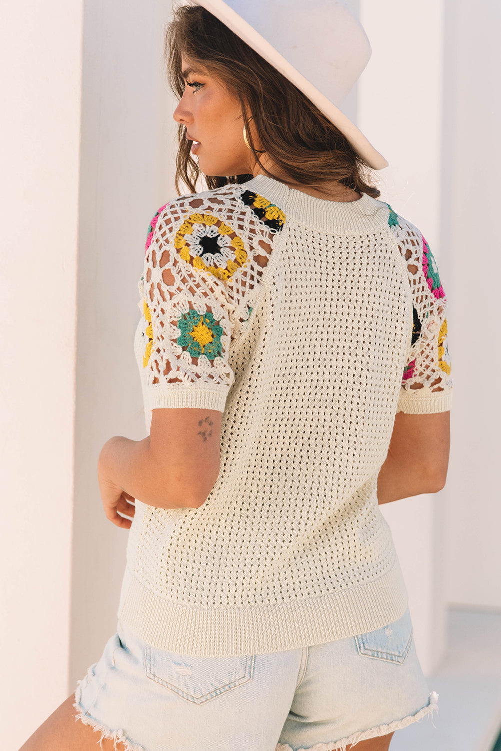 Apricot Hollow Out Floral Crochet Short Sleeve Crewneck Sweater - Premium Sweaters & Cardigans/Short Sleeve Sweaters from Momma Done Gone Crafty- Just $31.05! Shop now at Momma Done Gone Crafty