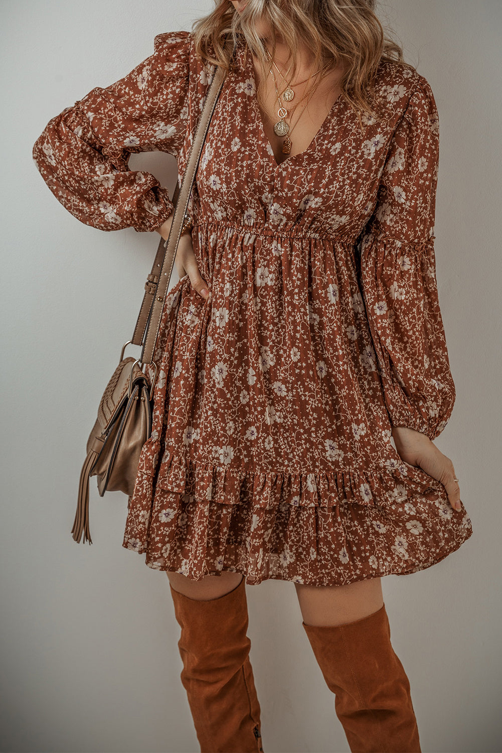 Brown Boho Floral Ruffled Puff Sleeve V Neck Mini Dress - Premium Dresses/Floral Dresses from Momma Done Gone Crafty- Just $35.10! Shop now at Momma Done Gone Crafty