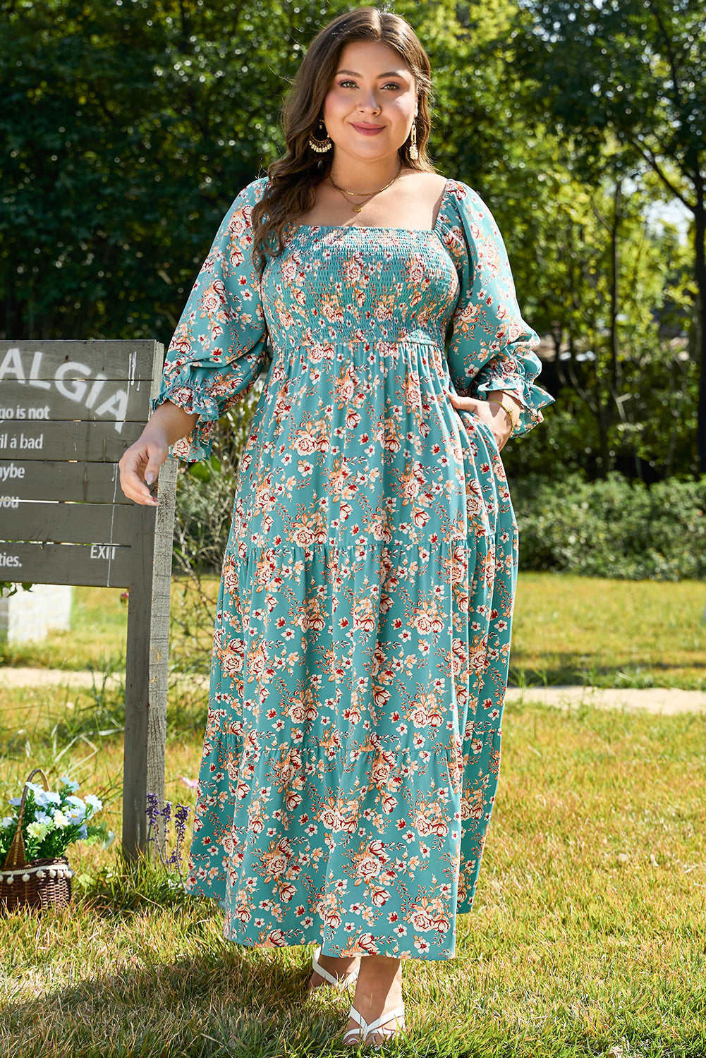 Green Plus Size Floral Print Square Neck Smocked Maxi Dress - Premium Plus Size/Plus Size Dresses/Plus Size Maxi Dresses from Momma Done Gone Crafty- Just $49.95! Shop now at Momma Done Gone Crafty
