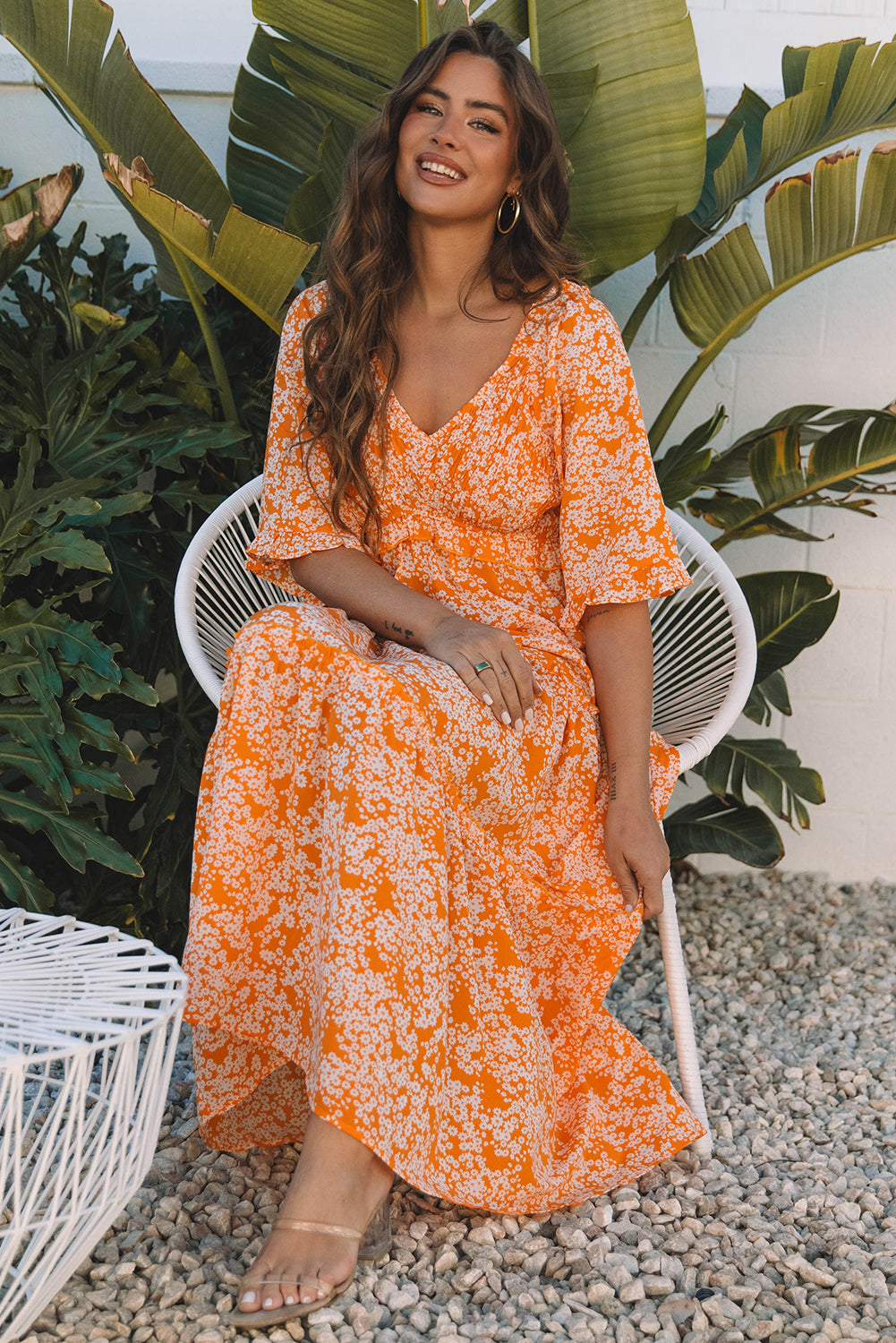Orange Floral Print Smocked V Neck Wide Sleeve Maxi Dress - Premium Dresses/Floral Dresses from Momma Done Gone Crafty- Just $55.99! Shop now at Momma Done Gone Crafty
