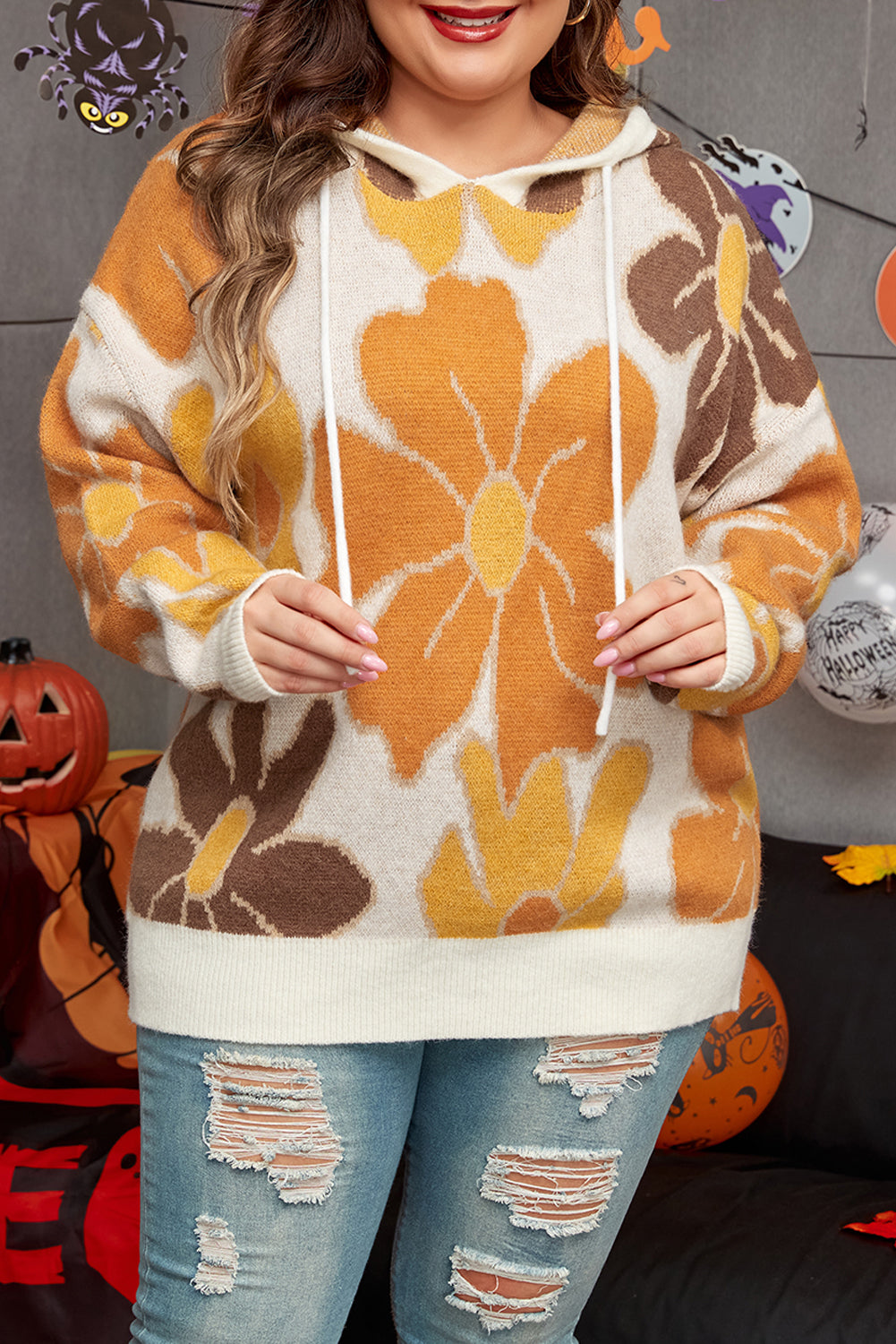 White Large Flower Knitted Drawstring Hooded Plus Size Sweater - Premium Sale (50% OFF)/30% OFF from Ashes 2 Wildflowers Boutique, LLC- Just $28.60! Shop now at Ashes 2 Wildflowers Boutique, LLC