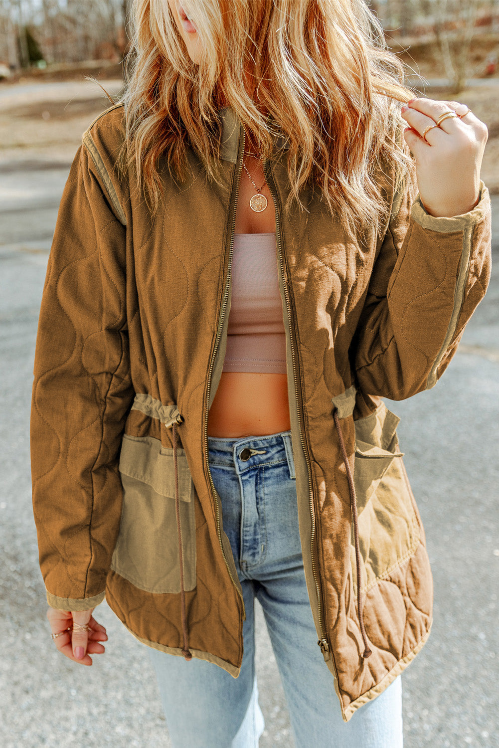 Brown Stitching Quilted Drawstring Jacket - Premium Outerwear from Momma Done Gone Crafty- Just $65.94! Shop now at Momma Done Gone Crafty