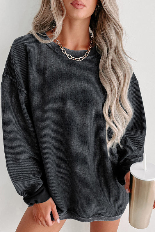 Black Solid Ribbed Knit Round Neck Pullover Sweatshirt - Premium Tops from Momma Done Gone Crafty- Just $41.94! Shop now at Momma Done Gone Crafty