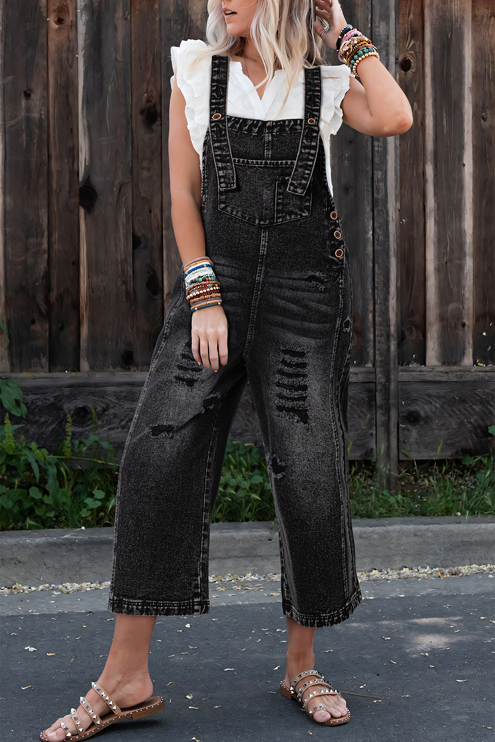 Black Distressed Bib Pocket Wide Leg Denim Overall - Premium Bottoms/Jumpsuits & Rompers from Ashes 2 Wildflowers Boutique, LLC- Just $64.99! Shop now at Ashes 2 Wildflowers Boutique, LLC