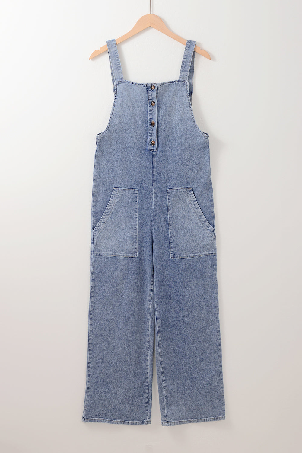 Stone Blue Washed Denim Half Buttons Patched Pocket Wide Leg Overalls - Premium Bottoms/Jumpsuits & Rompers from Ashes 2 Wildflowers Boutique, LLC- Just $43.20! Shop now at Ashes 2 Wildflowers Boutique, LLC