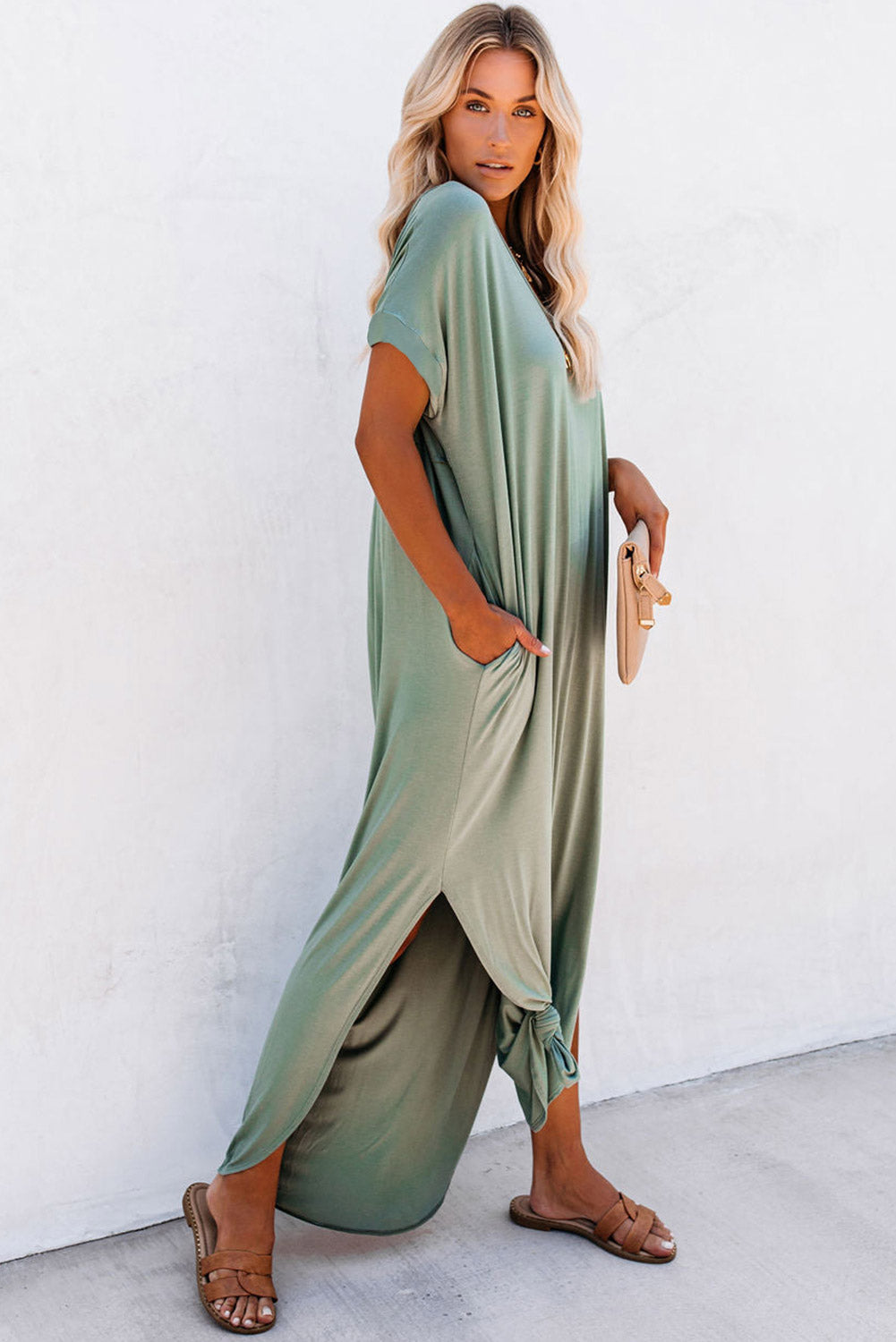 Grass Green V Neck Hidden Pocket Splits Maxi T-shirt Dress - Premium Dresses/T Shirt Dresses from Ashes 2 Wildflowers Boutique, LLC- Just $20.31! Shop now at Ashes 2 Wildflowers Boutique, LLC