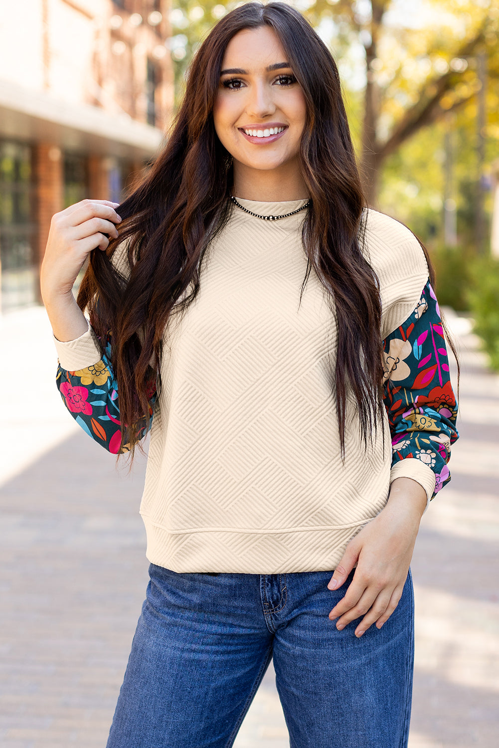 White Contrast Floral Sleeve Textured Drop Shoulder Knit Top - Premium Tops/Long Sleeve Tops from Ashes 2 Wildflowers Boutique, LLC- Just $28.40! Shop now at Ashes 2 Wildflowers Boutique, LLC