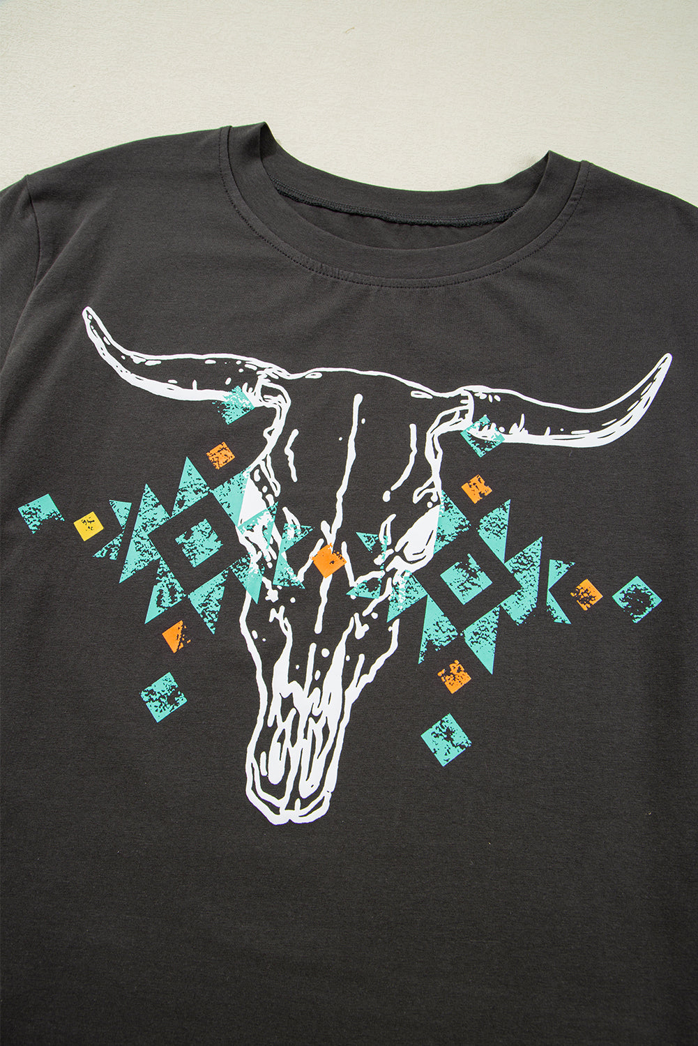 Carbon Grey Vintage Western Bull Head Skull Turquoise Aztec Graphic T Shirt - Premium Tops/Tops & Tees from Momma Done Gone Crafty- Just $19.99! Shop now at Momma Done Gone Crafty