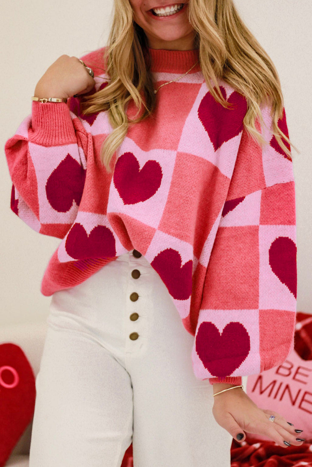 Pink Plus Size Love Heart Block Mock Neck Lantern Sleeve Valentine Sweater - Premium Plus Size/Plus Size Sweaters & Cardigans from Momma Done Gone Crafty- Just $33! Shop now at Momma Done Gone Crafty