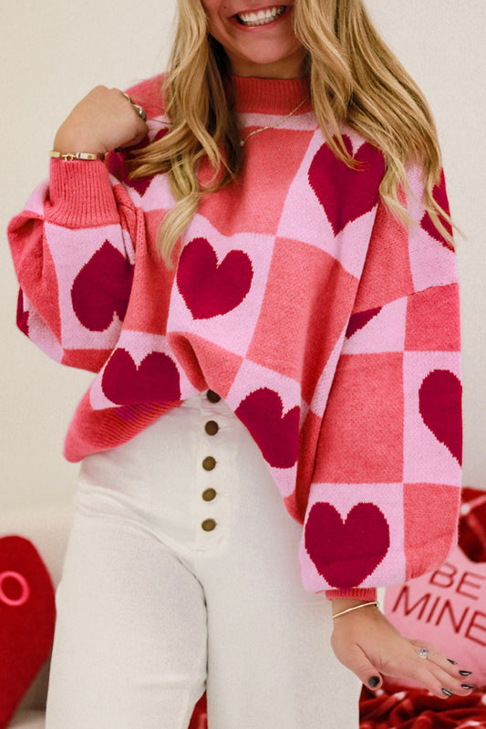 Pink Plus Size Love Heart Block Mock Neck Lantern Sleeve Valentine Sweater - Premium Plus Size/Plus Size Sweaters & Cardigans from Momma Done Gone Crafty- Just $33! Shop now at Momma Done Gone Crafty