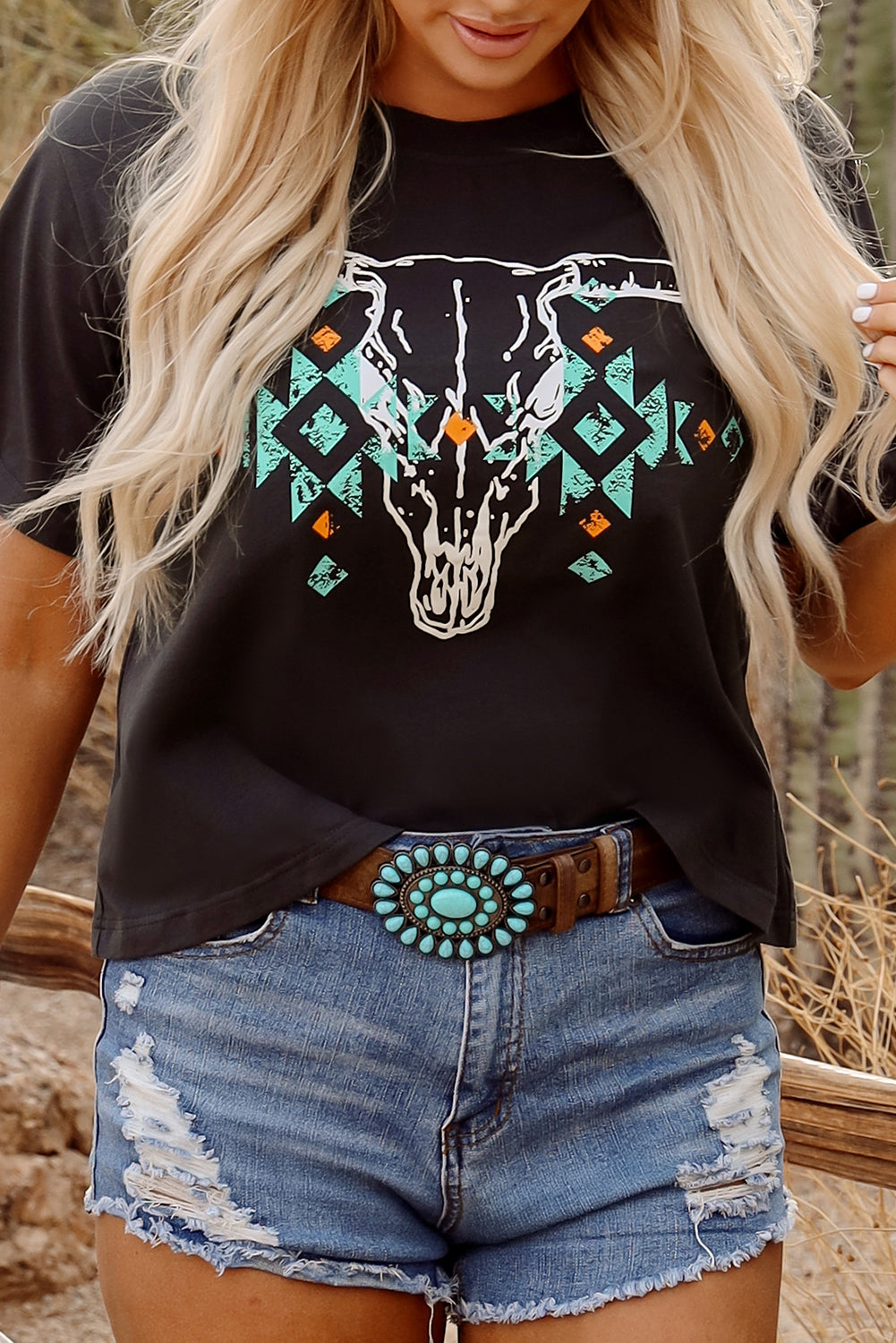 Carbon Grey Vintage Western Bull Head Skull Turquoise Aztec Graphic T Shirt - Premium Tops/Tops & Tees from Momma Done Gone Crafty- Just $19.99! Shop now at Momma Done Gone Crafty