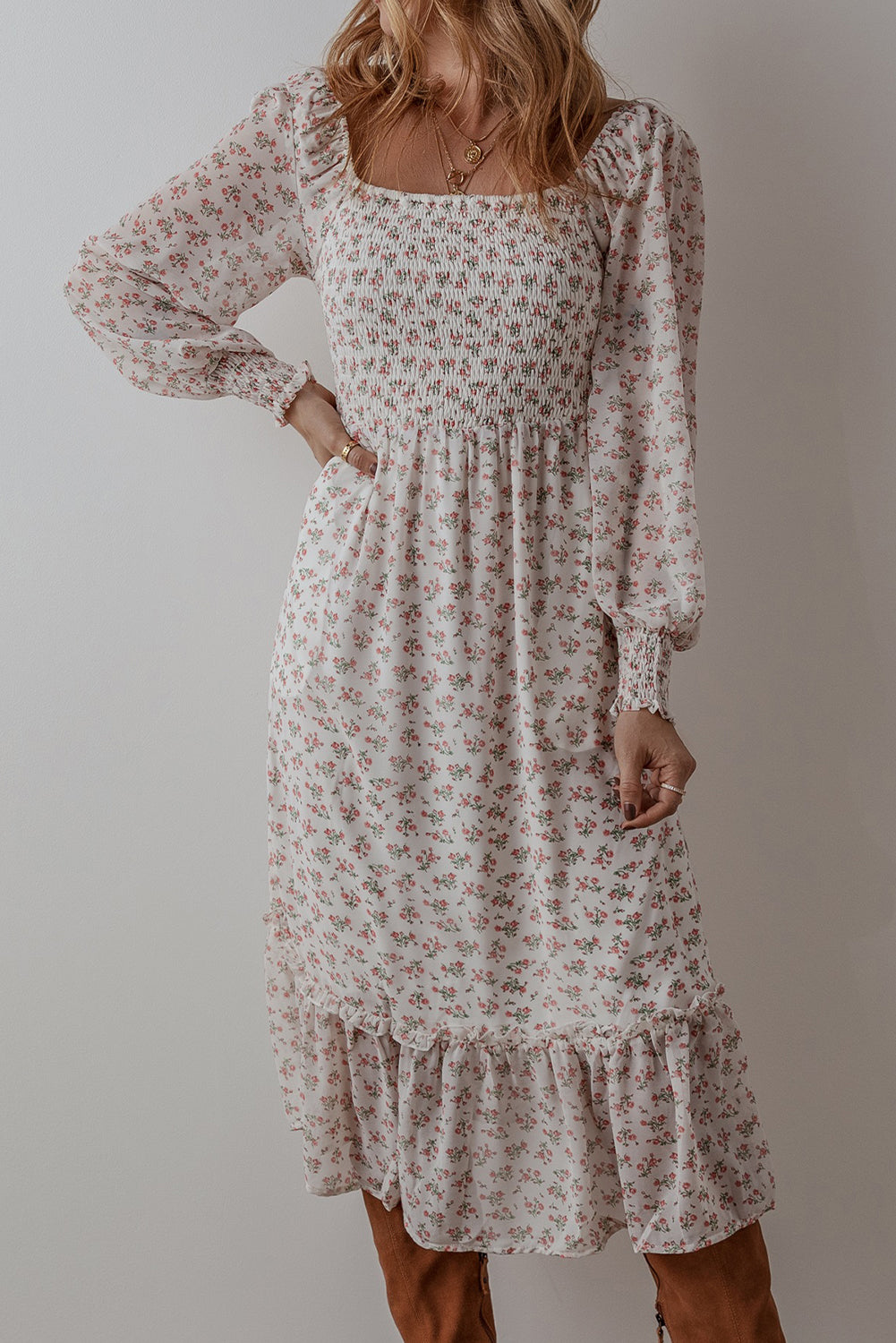 White Floral Print Shirred Ruffled Hem Square Neck Midi Dress - Premium Dresses/Floral Dresses from Ashes 2 Wildflowers Boutique, LLC- Just $38.53! Shop now at Ashes 2 Wildflowers Boutique, LLC
