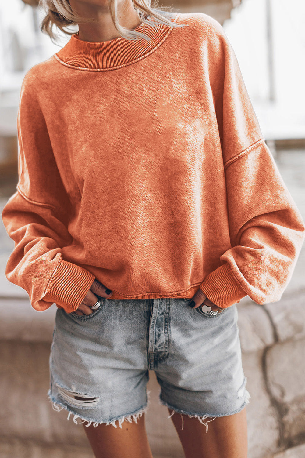 Orange Drop Shoulder Crew Neck Pullover Sweatshirt - Premium Tops from Momma Done Gone Crafty- Just $41.94! Shop now at Momma Done Gone Crafty