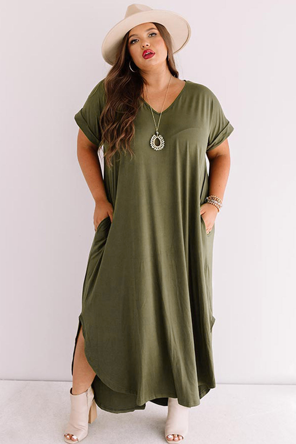 Green Plus Size V Neck Rolled Cuffs Maxi Dress - Premium Plus Size from Momma Done Gone Crafty- Just $35.99! Shop now at Momma Done Gone Crafty