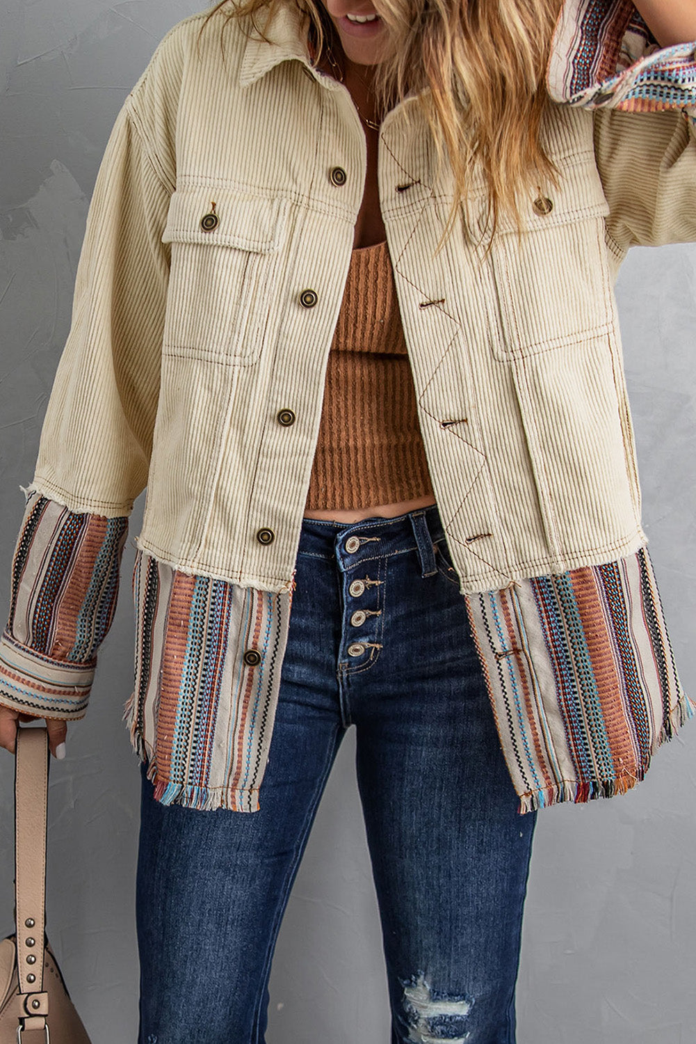 Button Up Pockets Striped Color Block Corduroy Jacket - Premium Outerwear from Momma Done Gone Crafty- Just $56.94! Shop now at Momma Done Gone Crafty