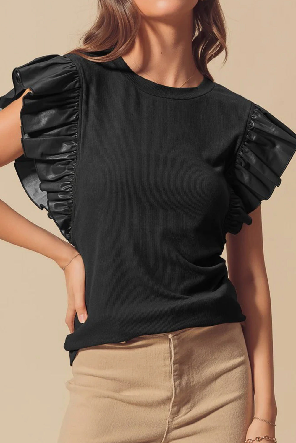 Black Leather Ruffle Sleeve Patchwork Round Neck Blouse - Premium Tops/Blouses & Shirts from Ashes 2 Wildflowers Boutique, LLC- Just $28.10! Shop now at Ashes 2 Wildflowers Boutique, LLC