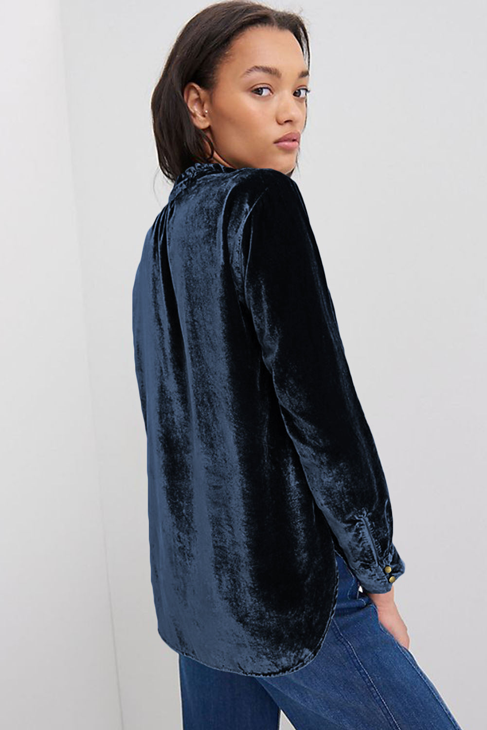 Navy Blue Frilled Neck Buttoned Front Velvet Top - Premium Tops from Momma Done Gone Crafty- Just $40.11! Shop now at Momma Done Gone Crafty