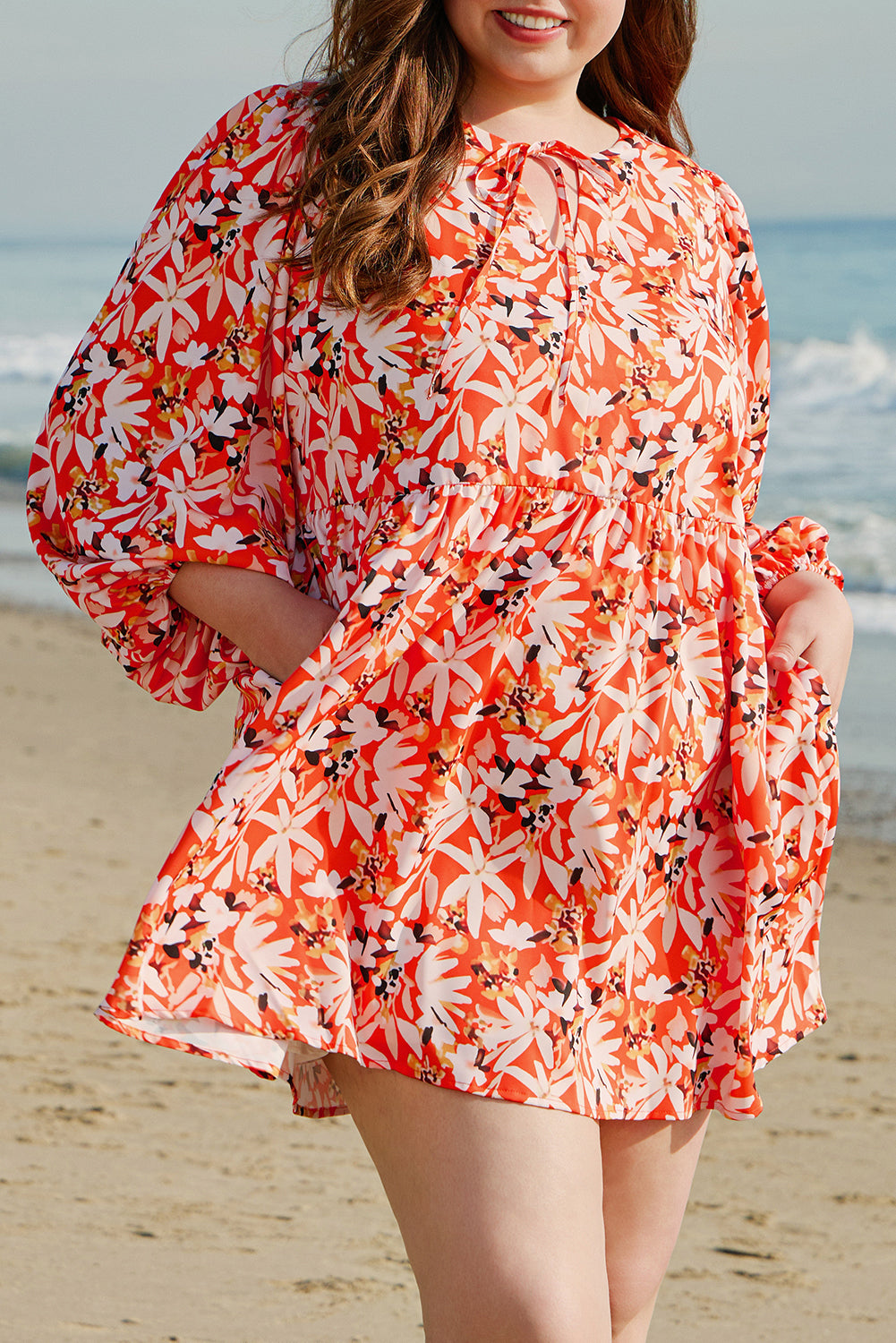 Orange Floral Print Split V Neck Bubble Sleeve Plus Size Midi Dress - Premium Plus Size/Plus Size Dresses/Plus Size Midi Dresses from Momma Done Gone Crafty- Just $38.70! Shop now at Momma Done Gone Crafty