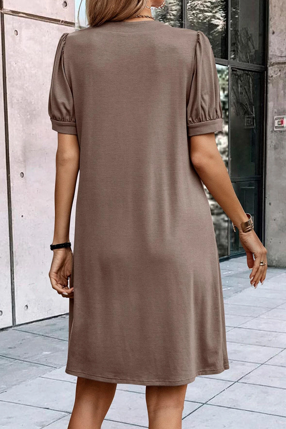 Desert Palm Notched Neck Pleated Puff Sleeve Shift T-shirt Dress - Premium Dresses/T Shirt Dresses from Ashes 2 Wildflowers Boutique, LLC- Just $18.03! Shop now at Ashes 2 Wildflowers Boutique, LLC