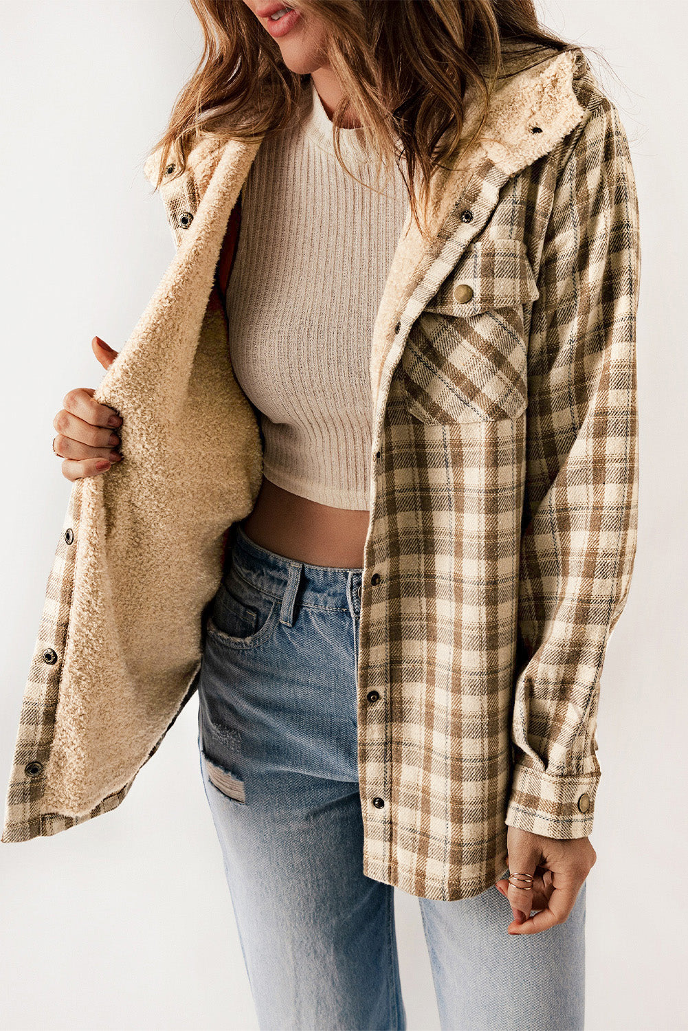 Khaki Plaid Pattern Sherpa Lined Hooded Shacket - Premium Outerwear from Momma Done Gone Crafty- Just $59.94! Shop now at Momma Done Gone Crafty