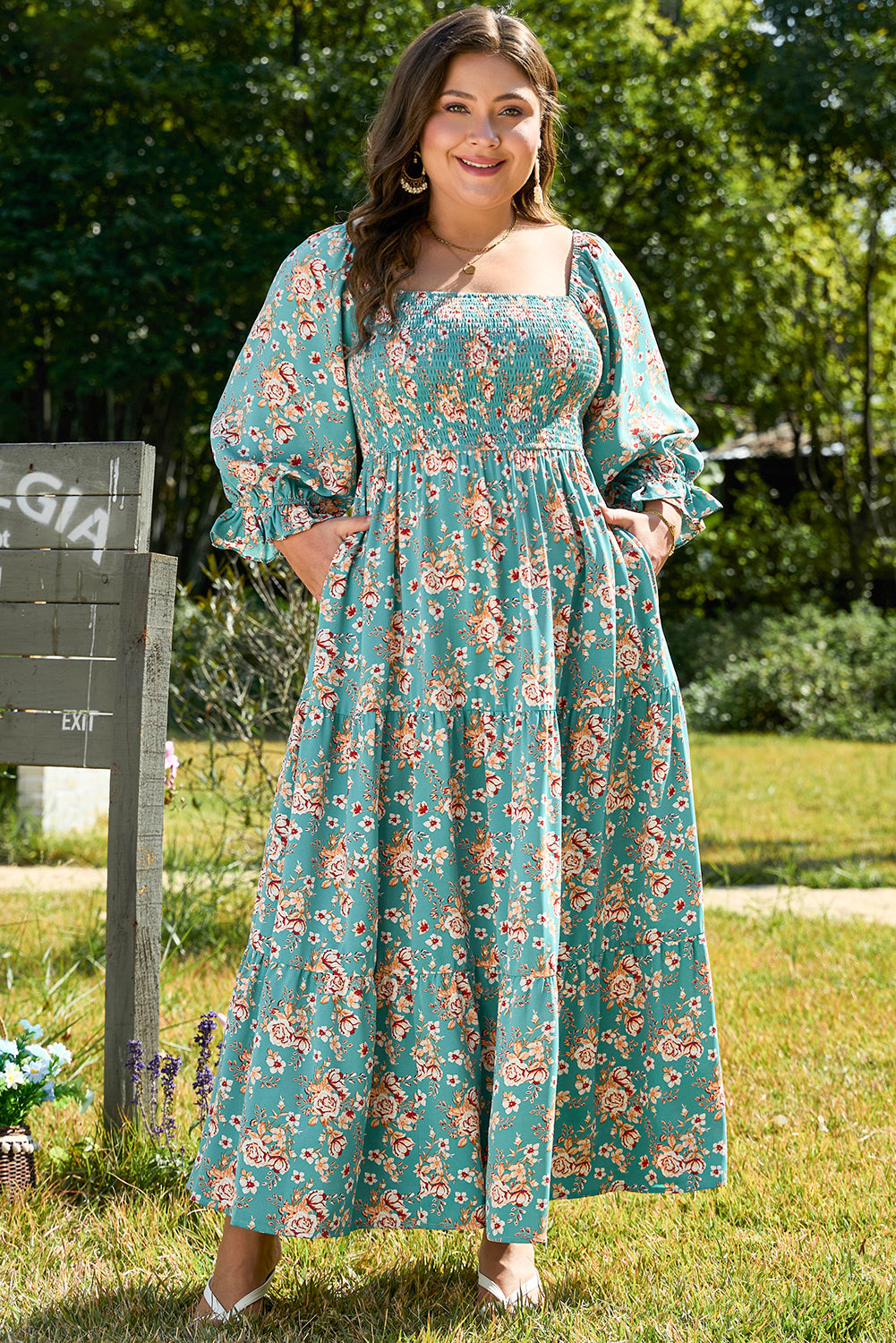 Green Plus Size Floral Print Square Neck Smocked Maxi Dress - Premium Plus Size/Plus Size Dresses/Plus Size Maxi Dresses from Momma Done Gone Crafty- Just $49.95! Shop now at Momma Done Gone Crafty