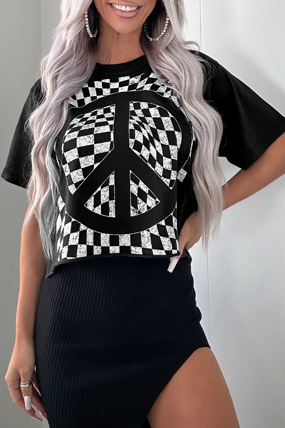 Black Checkerboard Peace Sign Printed Round Neck T Shirt - Premium Tops/Tops & Tees from Ashes 2 Wildflowers Boutique, LLC- Just $26! Shop now at Ashes 2 Wildflowers Boutique, LLC