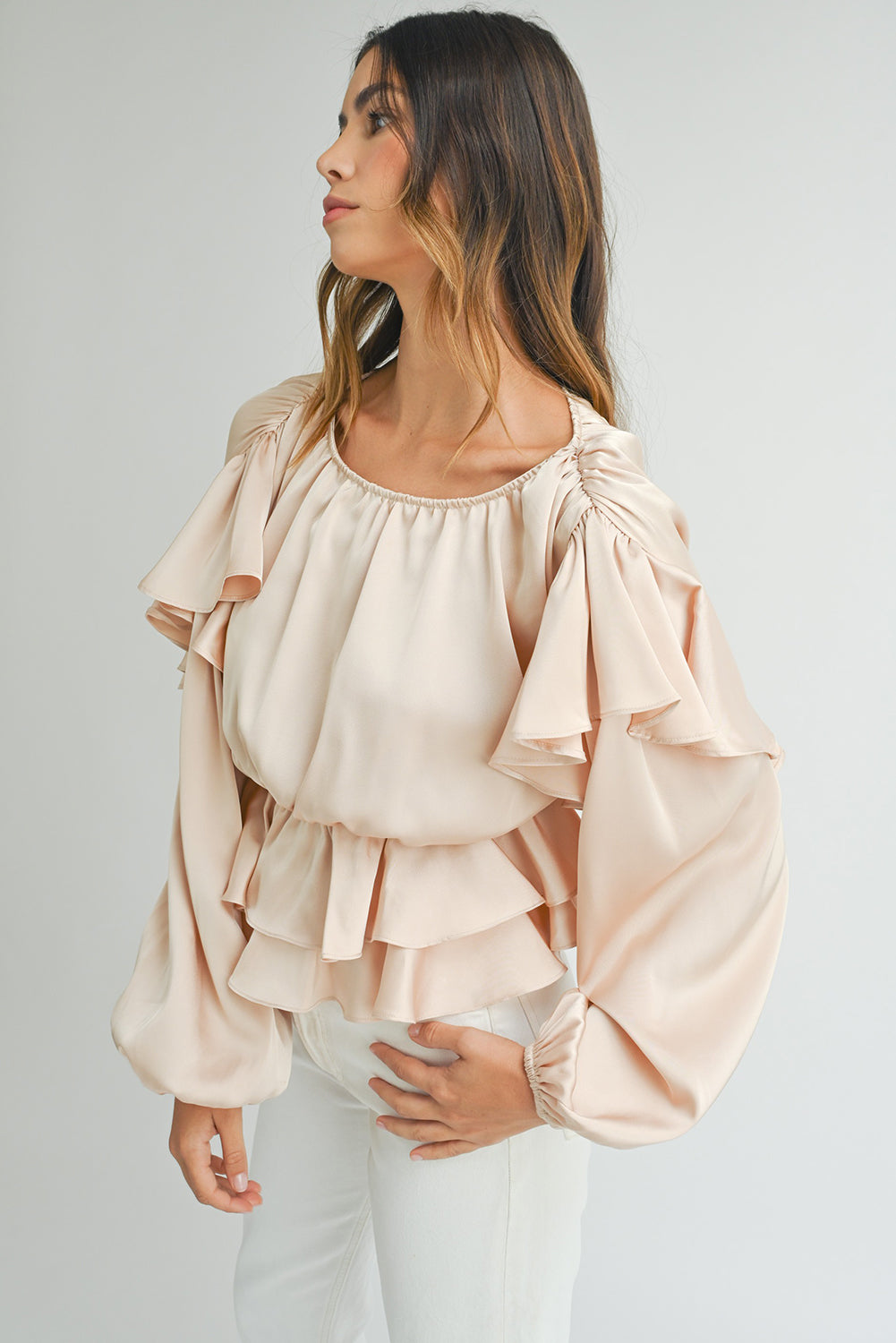 Oatmeal Lace-up Keyhole Back Ruffled Peplum Blouse - Premium Tops/Blouses & Shirts from Ashes 2 Wildflowers Boutique, LLC- Just $33.80! Shop now at Ashes 2 Wildflowers Boutique, LLC