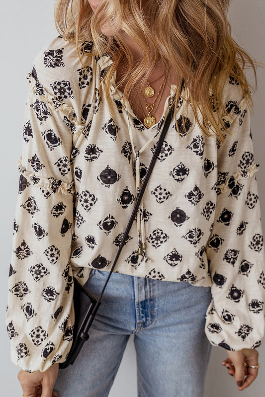 White Printed Split Neck Bubble Sleeve Loose Blouse - Premium Tops/Blouses & Shirts from Ashes 2 Wildflowers Boutique, LLC- Just $19.38! Shop now at Ashes 2 Wildflowers Boutique, LLC