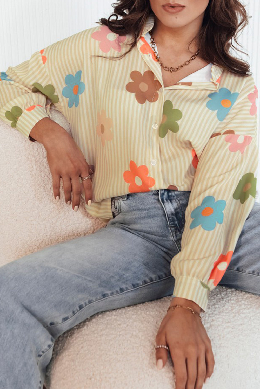 Apricot Stripe Flower Print Collared Button-up Loose Fit Shirt - Premium Sale (50% OFF)/30% OFF from Ashes 2 Wildflowers Boutique, LLC- Just $20.29! Shop now at Ashes 2 Wildflowers Boutique, LLC