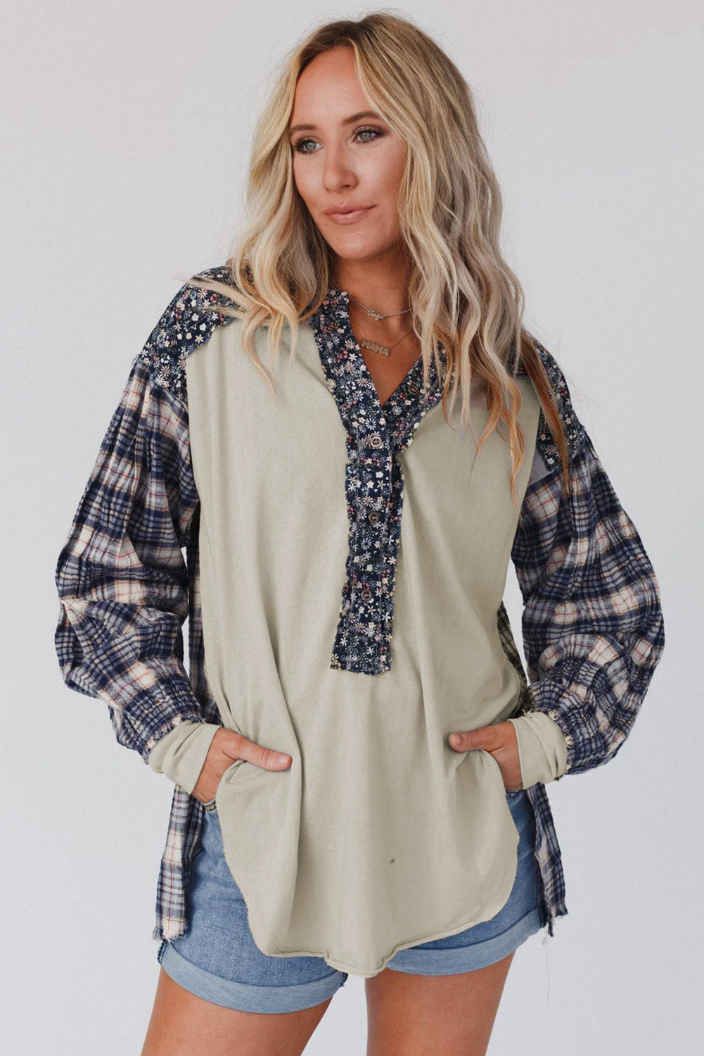 Blue Floral Plaid Mixed Print Bishop Sleeve Patchwork Top - Premium Tops from Momma Done Gone Crafty- Just $45.87! Shop now at Momma Done Gone Crafty