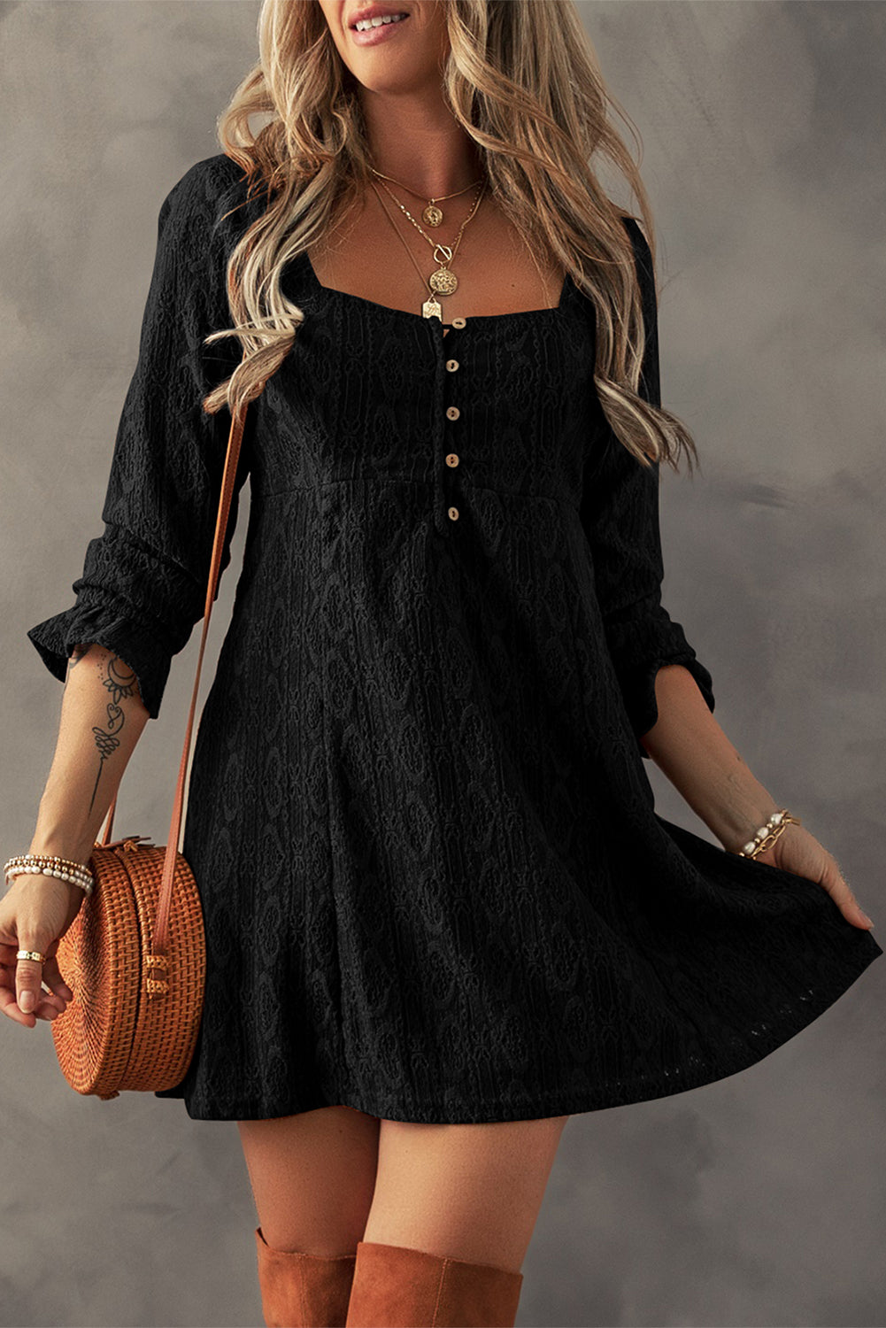 Black Lace Crochet Buttoned Square Neck Shift Mini Dress - Premium Dresses/Mini Dresses from Momma Done Gone Crafty- Just $44! Shop now at Momma Done Gone Crafty