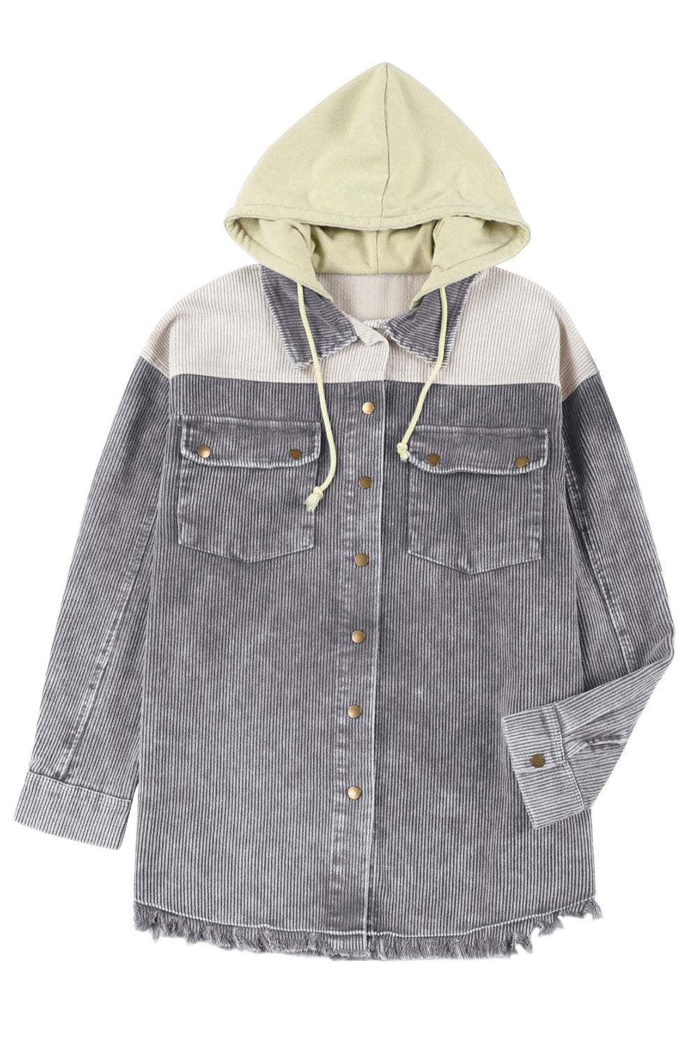 Gray Color Block Button Down Hooded Corduroy Jacket - Premium Outerwear from Momma Done Gone Crafty- Just $68.94! Shop now at Momma Done Gone Crafty