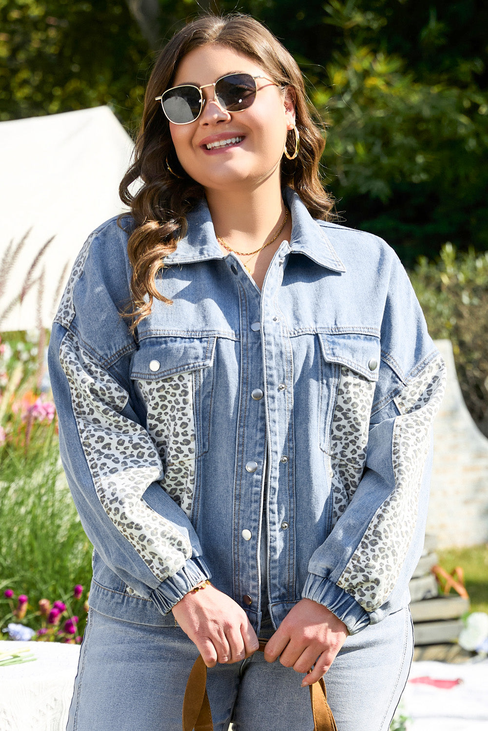 Beau Blue Leopard Patchwork Flap Detail Plus Size Denim Jacket - Premium Plus Size/Plus Size Outerwear from Momma Done Gone Crafty- Just $46.80! Shop now at Momma Done Gone Crafty