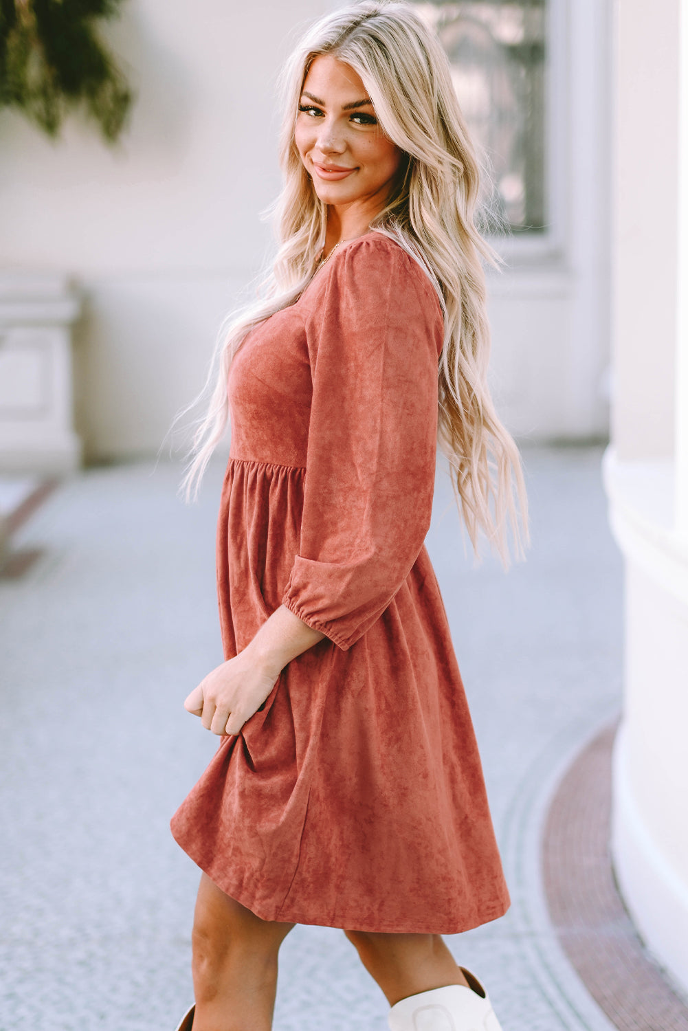 Brown Suede Square Neck Puff Sleeve Dress - Premium Dresses from Momma Done Gone Crafty- Just $44.99! Shop now at Momma Done Gone Crafty
