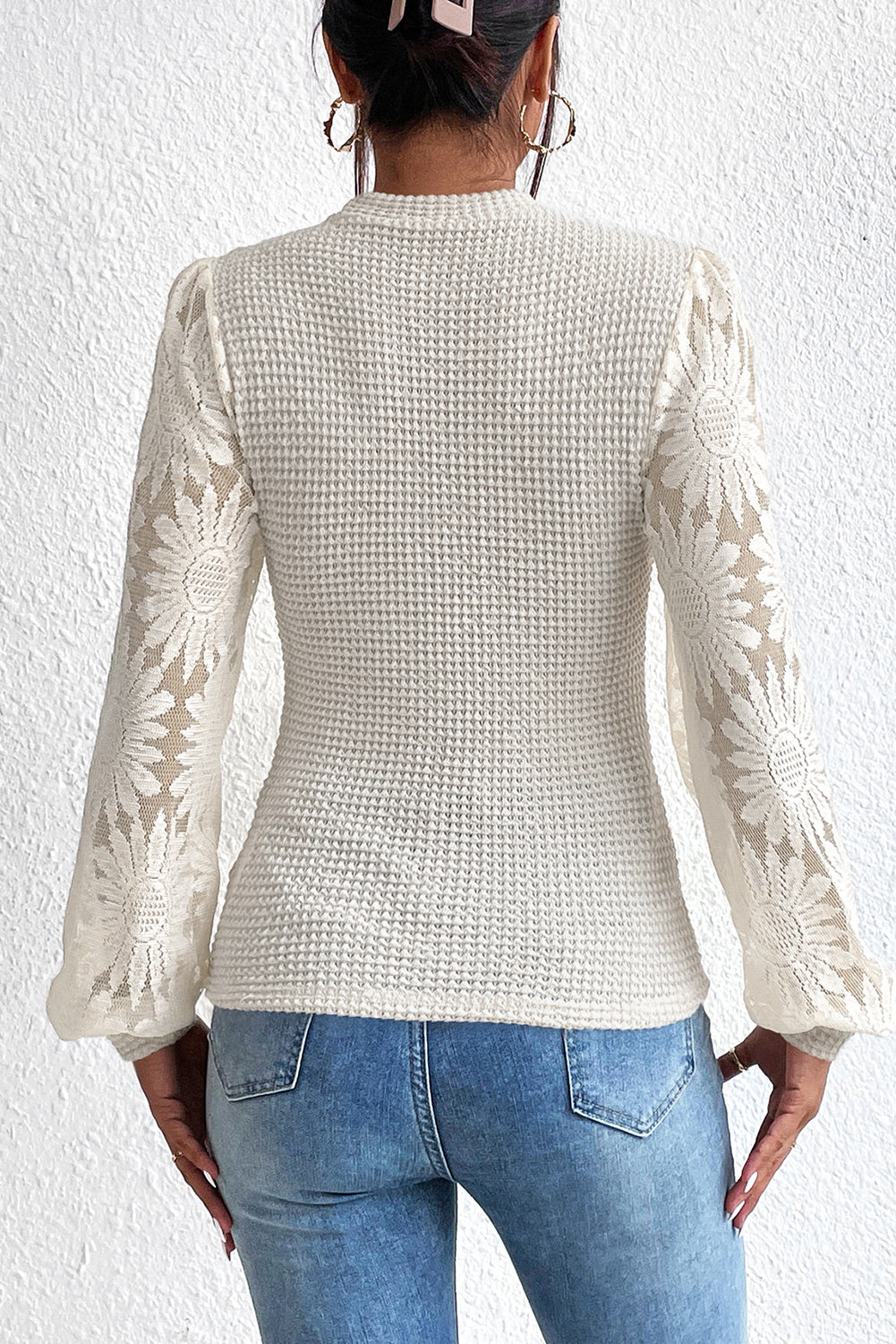 Beige Sunflower Mesh Bubble Sleeve Waffle Knit Top - Premium Tops from Momma Done Gone Crafty- Just $27.75! Shop now at Momma Done Gone Crafty