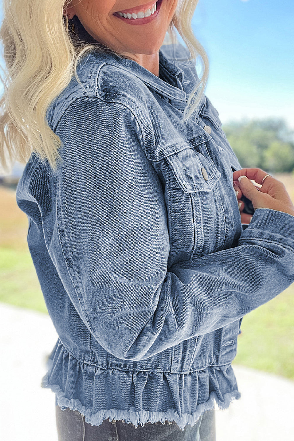 Beau Blue Ruffle Raw Hem Flap Pockets Denim Jacket - Premium Outerwear/Denim jackets from Ashes 2 Wildflowers Boutique, LLC- Just $41.38! Shop now at Ashes 2 Wildflowers Boutique, LLC