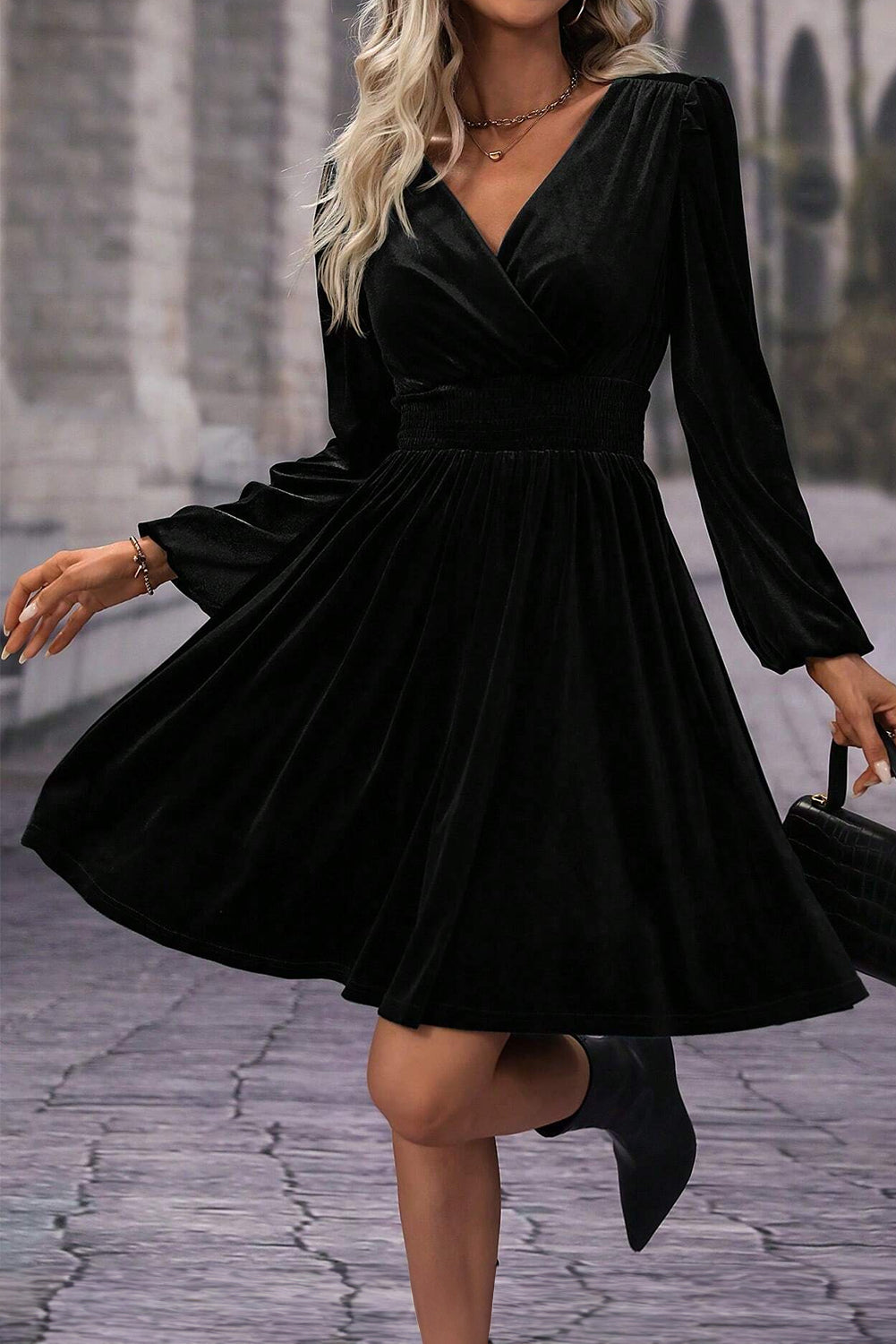 Black Velvet Long Sleeve Surplice High Waist Mini Dress - Premium Dresses/Mini Dresses from Momma Done Gone Crafty- Just $29.10! Shop now at Momma Done Gone Crafty