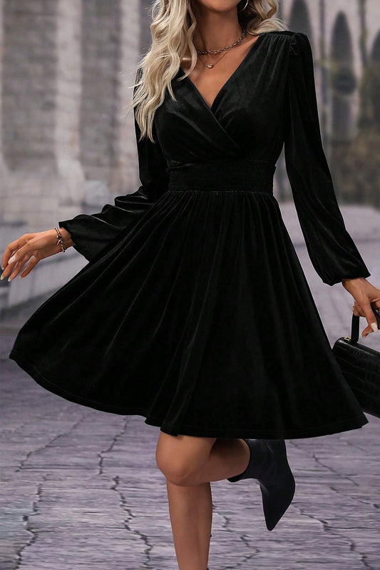 Black Velvet Long Sleeve Surplice High Waist Mini Dress - Premium Dresses/Mini Dresses from Momma Done Gone Crafty- Just $29.10! Shop now at Momma Done Gone Crafty